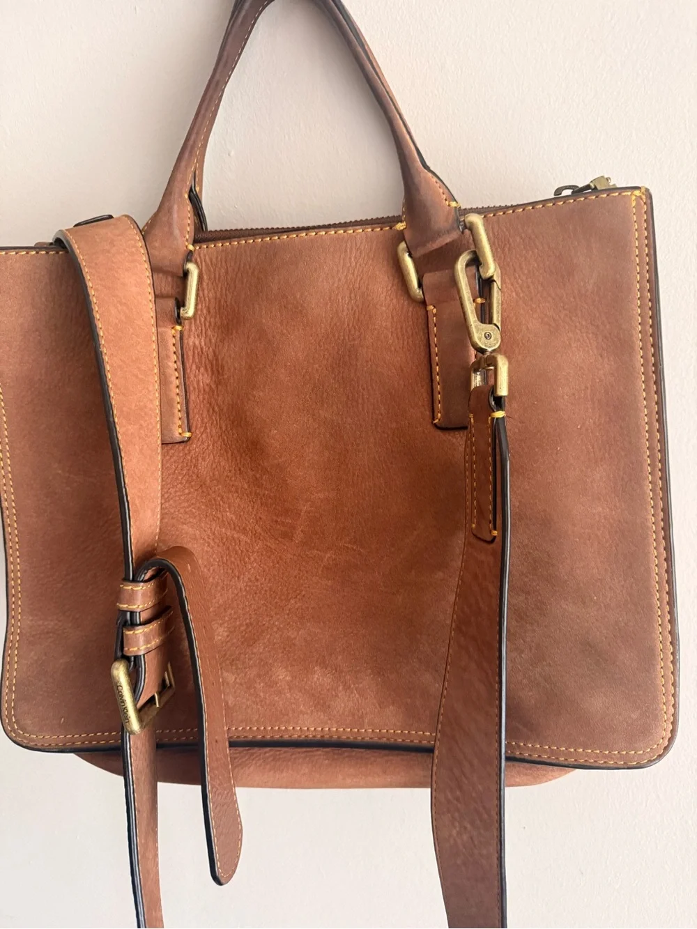 Calvin Klein Brown Leather Hobo Satchel with Gold Hardware